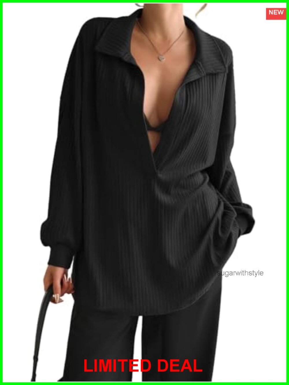Oversized Deep V Neck Ribbed Knit Sweatshirt Casual Pullover Top